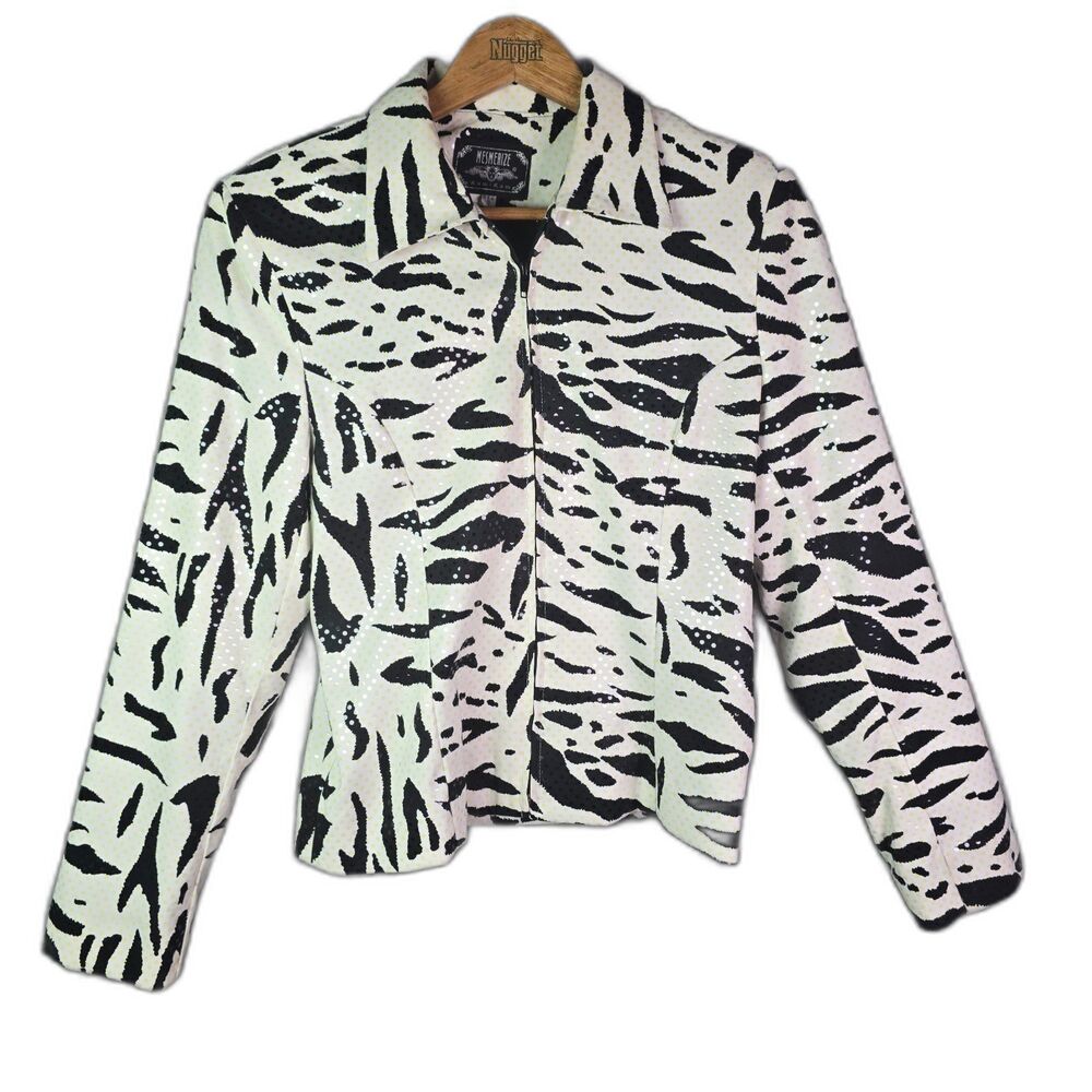 Mesmerize Blazer Black White Yellow Zebra Print S Vintage 80s Cropped Zip Front